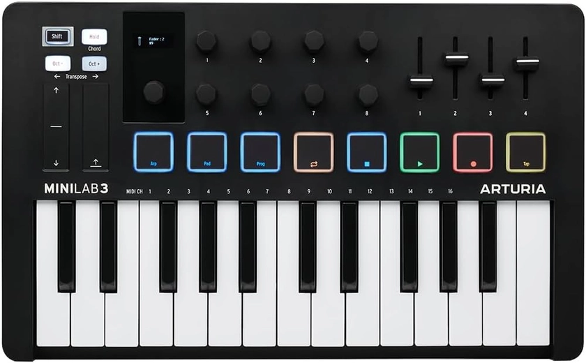 Arturia - MiniLab 3 - Clavier Contrôleur MIDI Universel pour Production Musicale, Fourni avec une Suite de Logiciels Créatifs - 25 Mini Touches, 8 Pads Multicolores - Noir