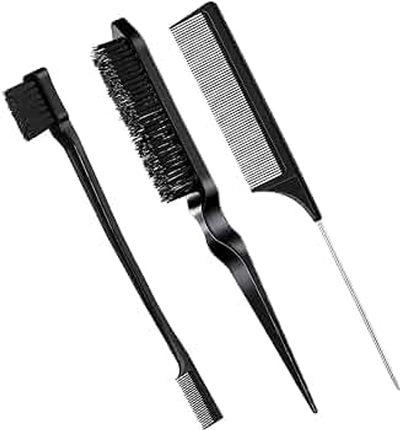Geiserailie 3 Pcs Slick Back Hair Brush Set Bristle Hair Brush Edge Control Brush Teasing Comb for Women Baby Kids' Black Hair (Black)