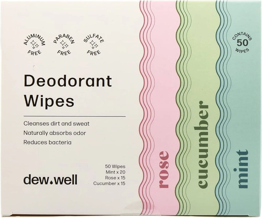 Amazon.com : Dew Well - Refresh Deodorant Wipes - A Fresh Start When You’re On the Go - Aluminum, Paraben, and Sulfate Free - Variety Pack (Mint, Rose, and Cucumber) - 50 Individually Wrapped Wipes : Beauty & Personal Care