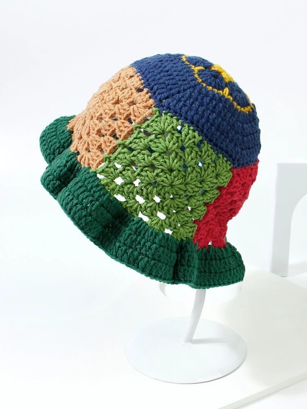 Color Block Flower Crochet Bucket Hat