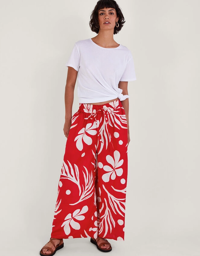 Wide Leg Palm Print Trousers Red