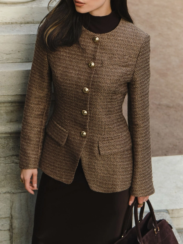 Veste longue en tweed avec boutons en métal