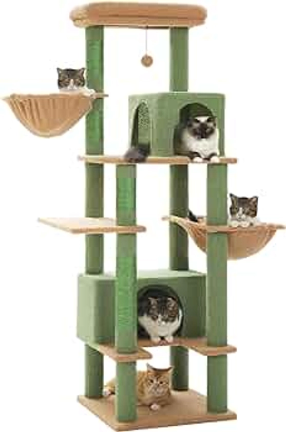PEQULTI 66" Cactus Cat Tree for Indoor Cats Large Adult, Cat Tower with Sisal-Covered Scratching Post, Super Large Metal Hammock[20''X12''] and 2 Big Condos, Green