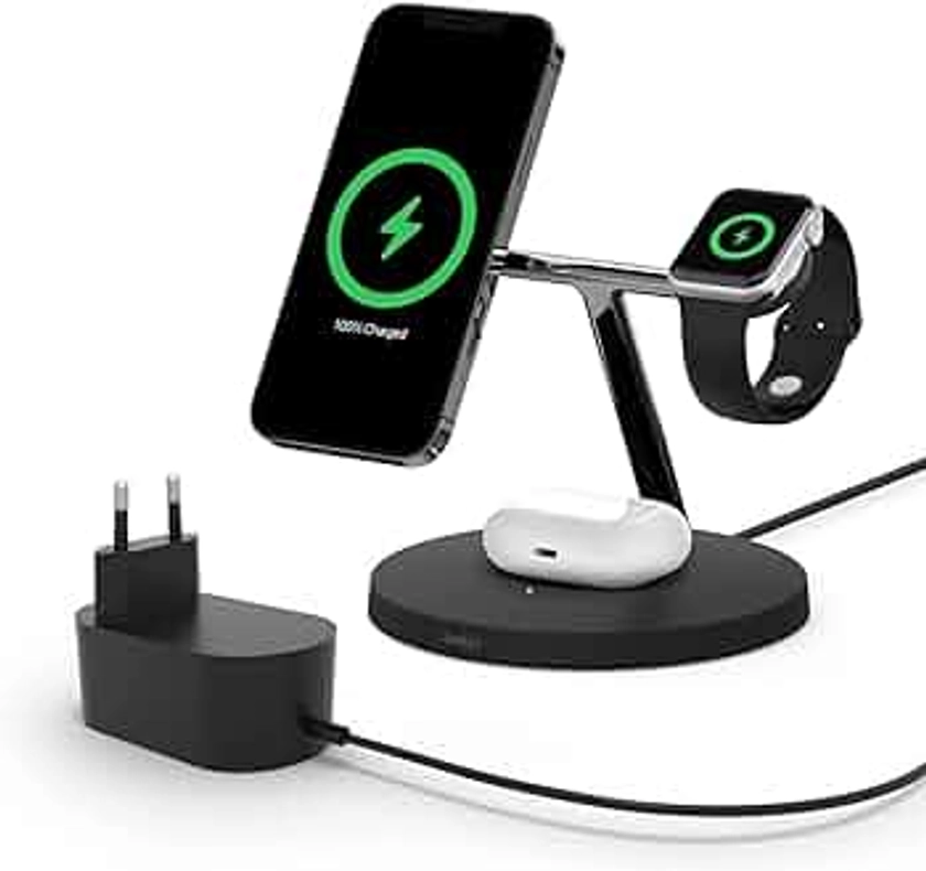 Belkin station de recharge BoostCharge Pro avec MagSafe, chargeur sans fil 3-en-1 pour iPhone 15 / 14 / 13 / 12 + Apple Watch + AirPods, recharge aimantée jusqu’à 15 W pour les modèles d’iPhone 15