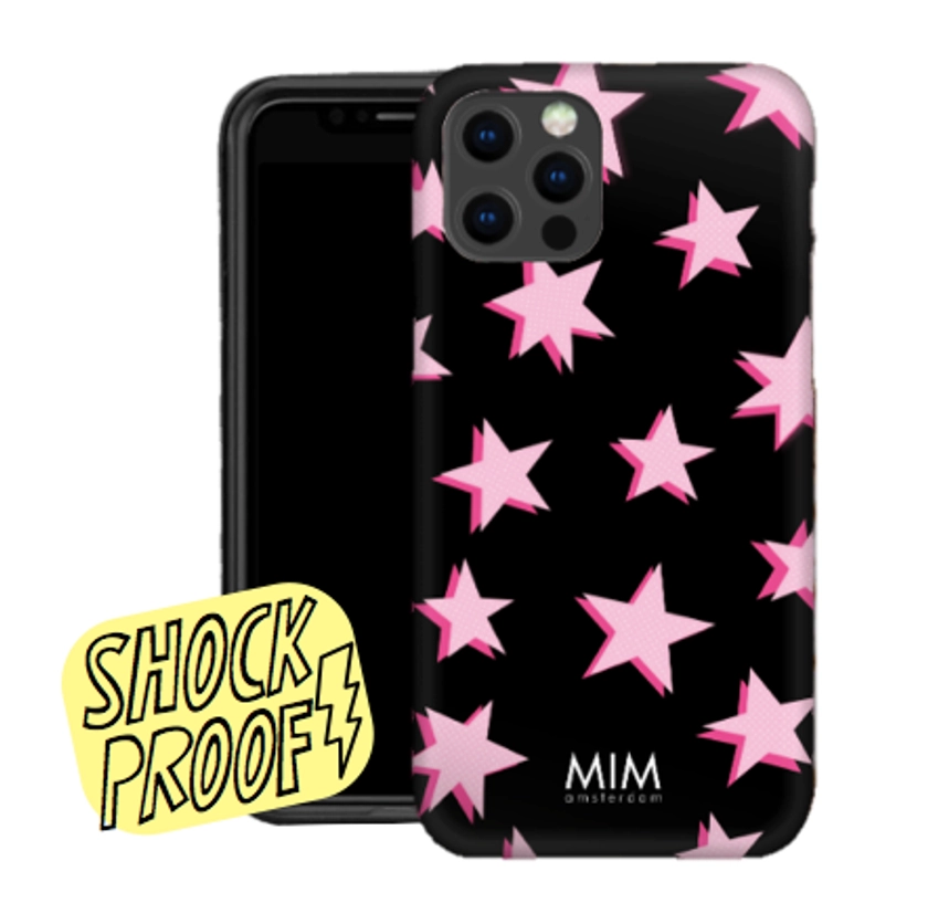 Zwart softcase iPhone hoesje met roze sterren | MIM Amsterdam