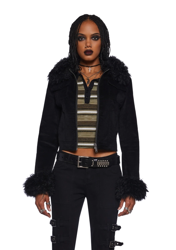 Widow Grunge Fitted Corduroy Faux Fur Trim Trucker Jacket - Black