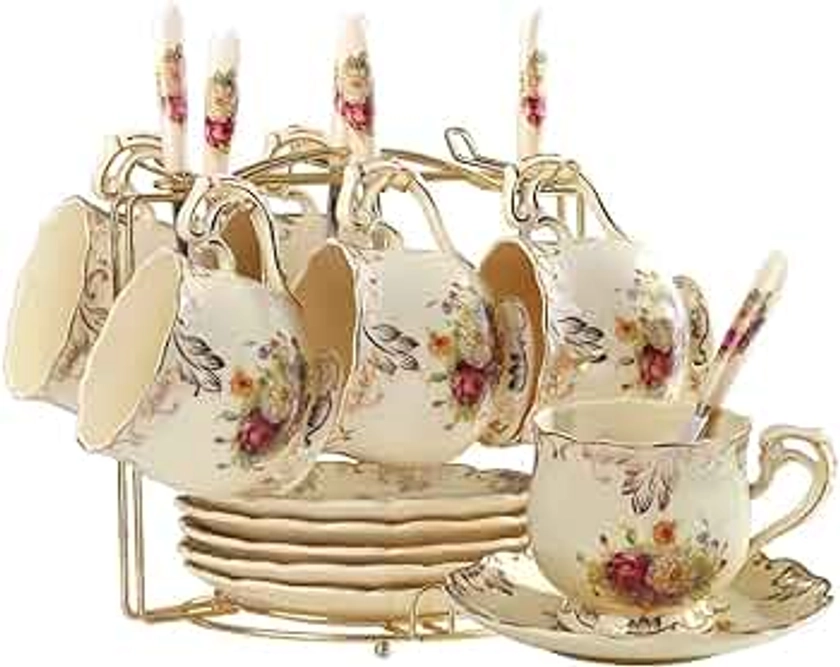 YOLIFE Tea Cup and Saucer Set of 6, 200ml Vintage Ivory Porcelain Cups Saucers Set with Gold Stand, Gift for Women