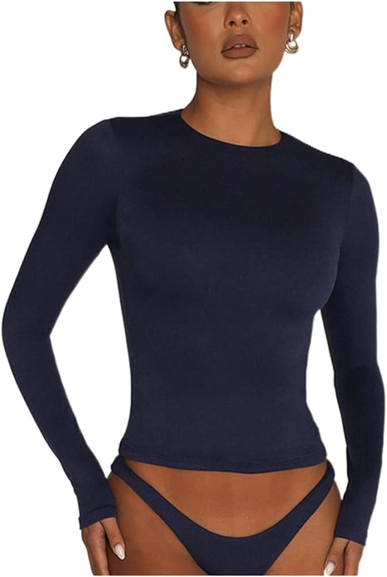 Women Long Sleeve Basic Crop Top Y2K Crew Neck Slim Fitted Tee Shirt Solid Color Skinny Cropped Blouse Top Streetwear