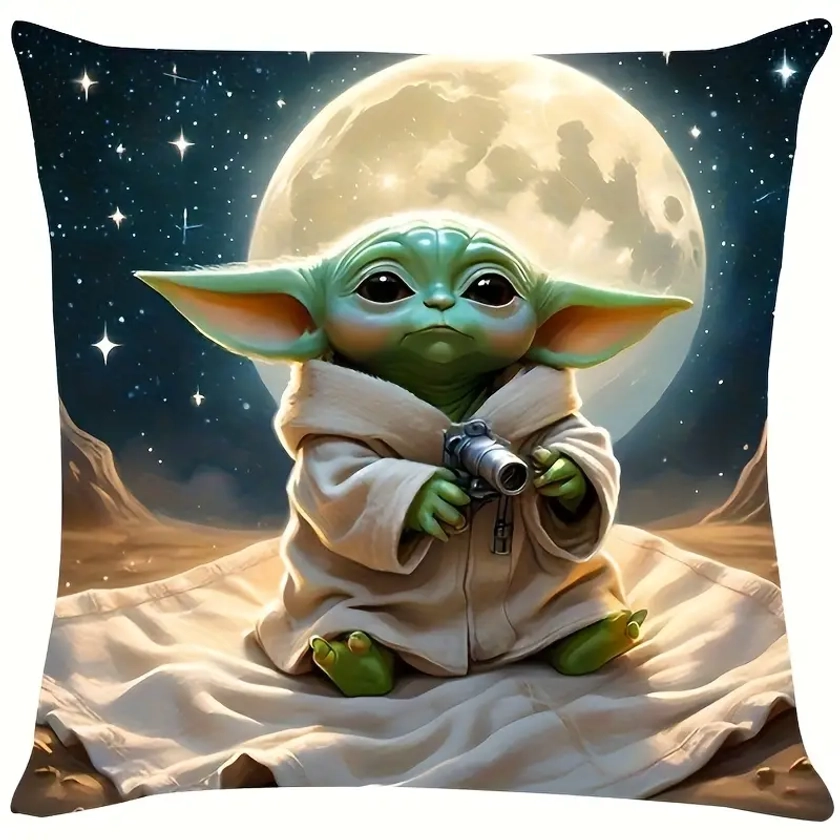 Adorable Yoda Star * Throw Pillow Cover, 18x18 Inch - Soft Plush, Single-Sided Print, * Living Room & Bedroom Decor, Machine Washable, Zi