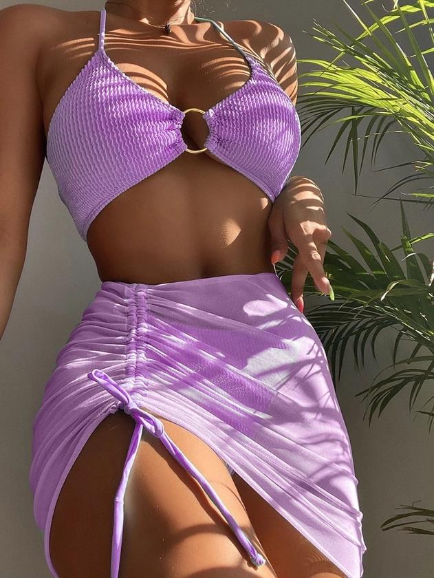 3pack Textured Ring Linked Bikini Swimsuit With Beach Skirt: Lilac Purple