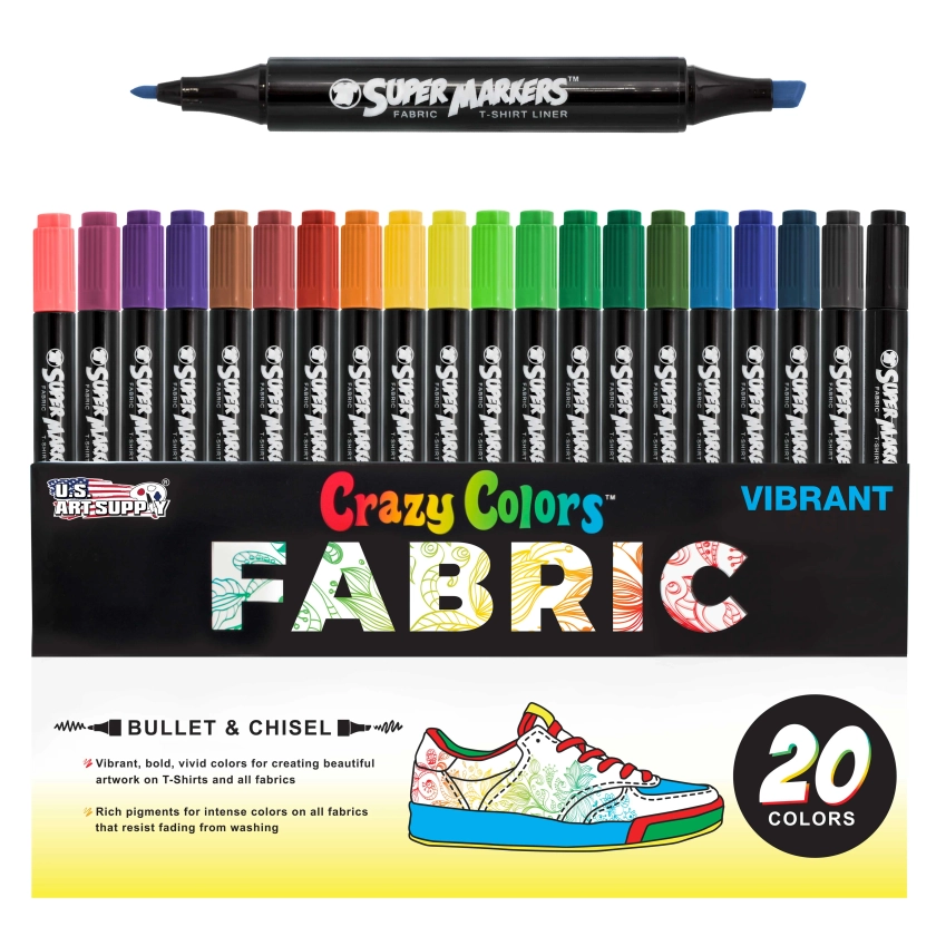 Crazy Colors Dual Tip Fabric & T-Shirt Marker 20 Color Set - Bullet & Chisel Tips - Child Safe - Create Art on Clothing