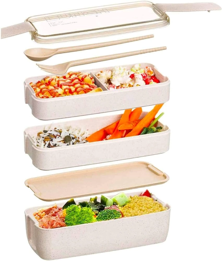 Meider Japanese Bento Box lunch Box, Reusable 3-in-1 Compartment, Bento Lunch Box Meal Prep Containers with Fork, Spoon