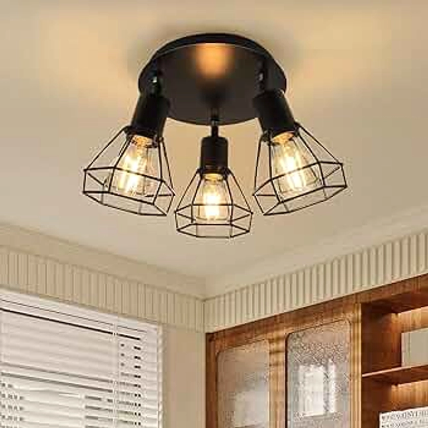 HiBay 3 Way Light Fittings Ceilings, Industrial Kitchen Spot Lights Ceiling Black, Rotatable LED Spotlight Fitting E27 for Living Room Bedroom Hallway, No Bulbs