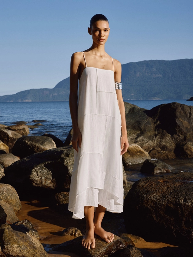 Asymmetrische jurk van linnenmix met patchwork - Massimo Dutti Netherlands
