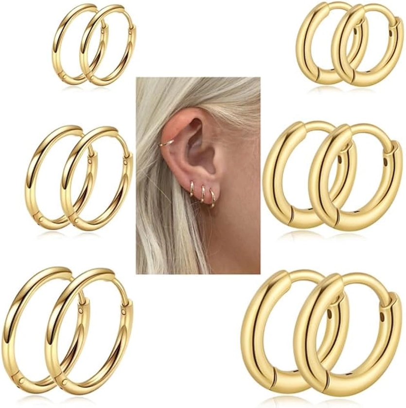 Sweetkiki 6 Pairs Leightweight Small Gold Hoop Earrings Sets, Hypoallergenic Huggie Earrings in 14K Real Gold Plated, Tiny | Cartilage Hoop Earring | Helix Earrings | for Women Men 24/7