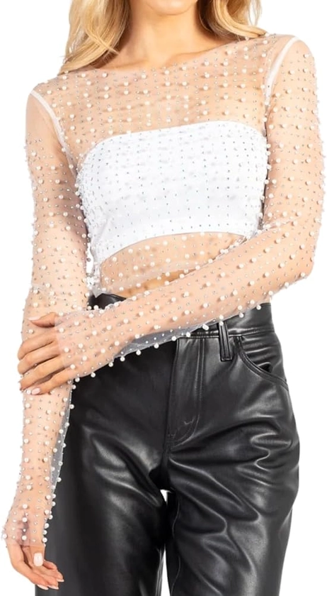 Women Pearl Rhinestone Sheer Mesh Crop Top Sexy See Through Long Sleeve Slim Fit Cropped Blouse Shirt Clubwear