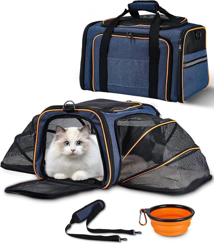 Sac Transport Chat Chien Extensible en Maille Respirante avec Coussin Amovible, Poches Latérales pour Voyage en Avion, Train et Voiture bleu marine