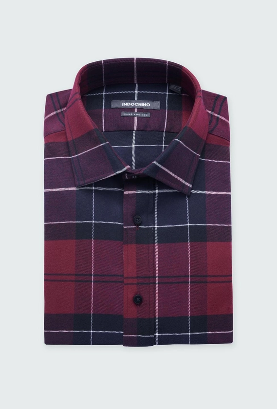 Men's Dress Shirts - Netham Brushed Plaid Burgundy Shirt | INDOCHINO