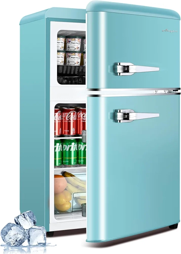 3.2 Cu.Ft Compact Refrigerator Mini Fridge with Freezer, Retro Double Door Small Fridge with Freezer, 7 Level Thermostat & Removable Shelves, Small Refrigerator for Dorm, Office, Bedroom, Blue