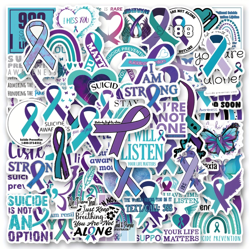 120Pcs Suicide Awareness Stickers Pack, Teal Purple Ribbon Suicide Prevention Aesthetic Vinyl Waterproof Sticker Decals