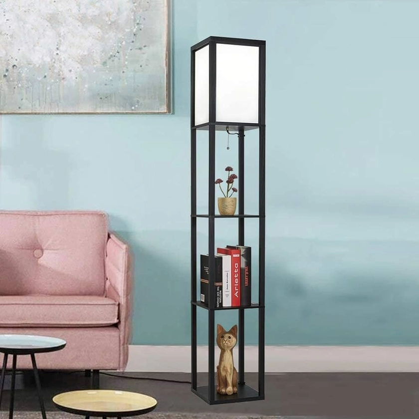 Jaycomey LED Shelf Floor Lamp Asian Wooden Frame Modern Standing Lamps for Living Room Bedrooms Tall Lights with Organizer Storage Display Shelves,Black : Amazon.com.au: Lighting