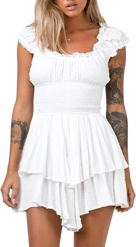 AOHITE Womens Summer Tube Top Dress Off-Shoulder Ruffled Flowy Mini Short Dresses