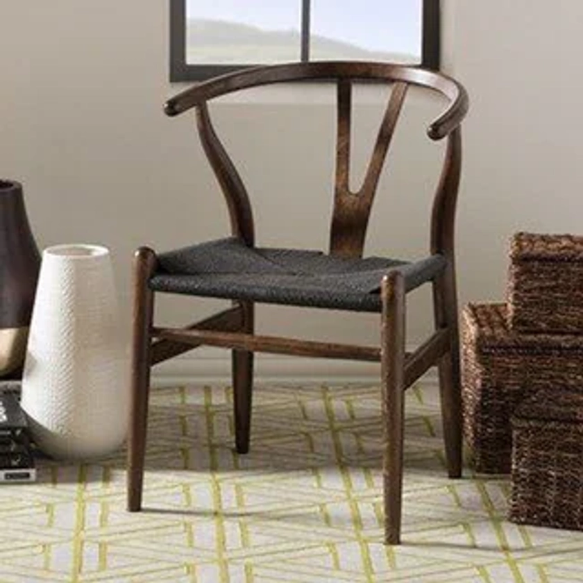 Woven Wood Armchair with Arms Open Y Back Mid Century Modern Office Dining Chairs Black Seat Kitchen Bedroom Organic Rattan - Bed Bath & Beyond - 23550740