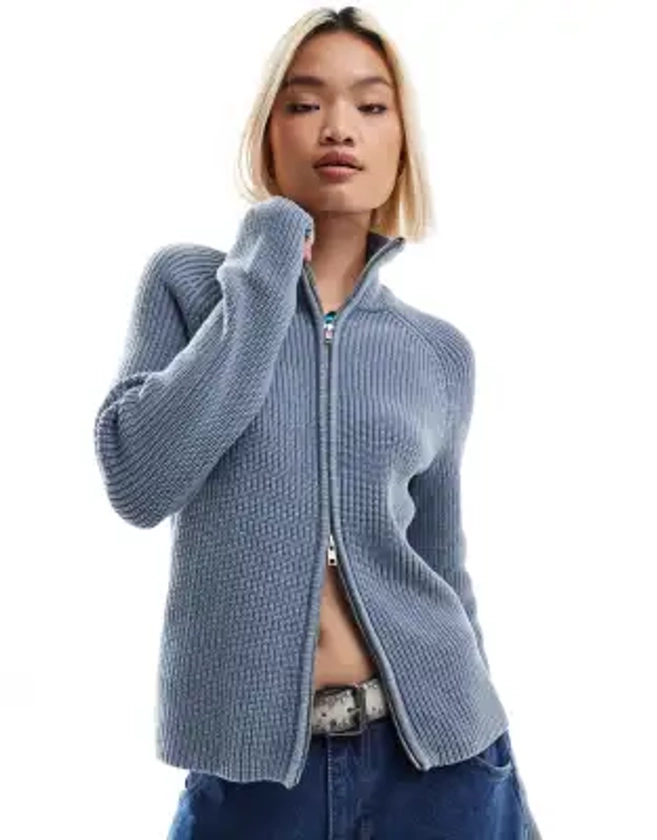 Monki ribbed knitted two way zip cardigan in blue acid wash | ASOS