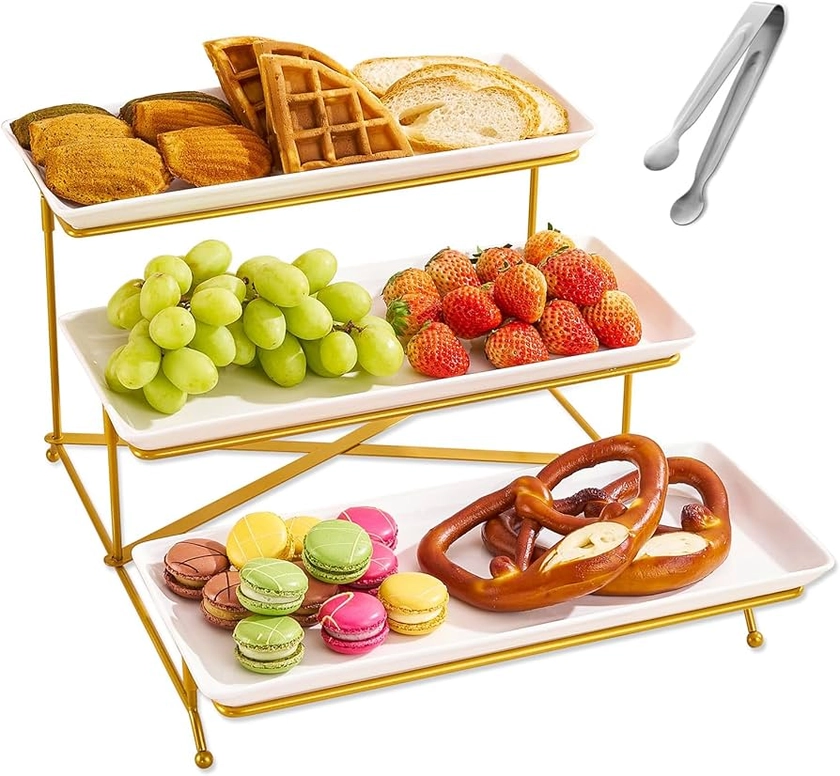 YOLIFE 3 Tier Serving Tray with Collapsible Sturdier Gold Rack, Tiered Serving Tray for Fruit Dessert Party Display, 14 inch (White)