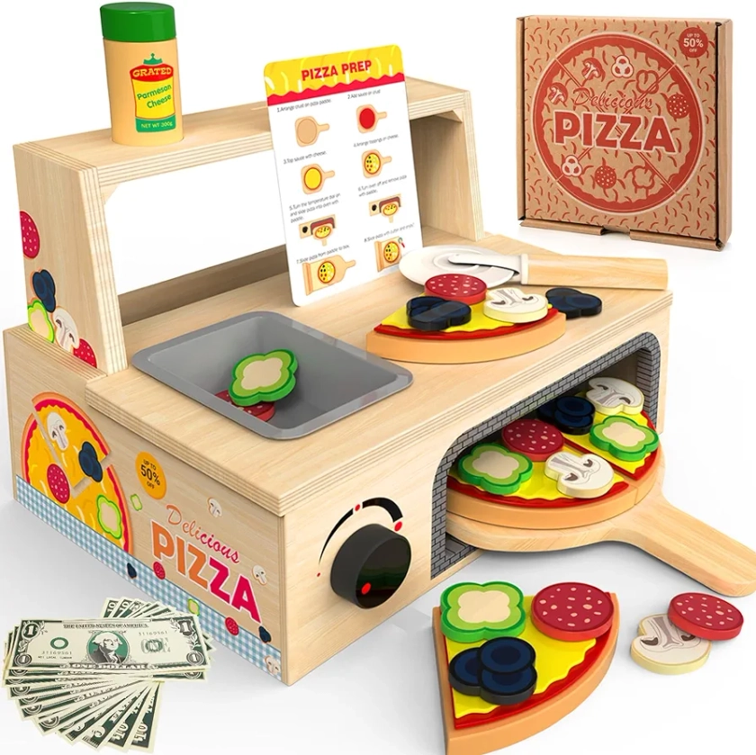WOODMAM Wooden Pizza Toy - 48 PCS Montessori Pretend Play Food for Ages 3+, Educational Learning Toy Wooden Playset with Bake Oven, Christmas Birthday Gift for 3 4 5 6 Year Old