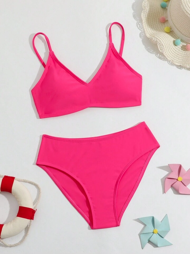 Tween Girl Holiday Solid Color Two-Piece Bikini Swimsuit Set