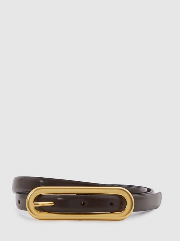 Thin Leather Elongated Buckle Belt in Chocolate