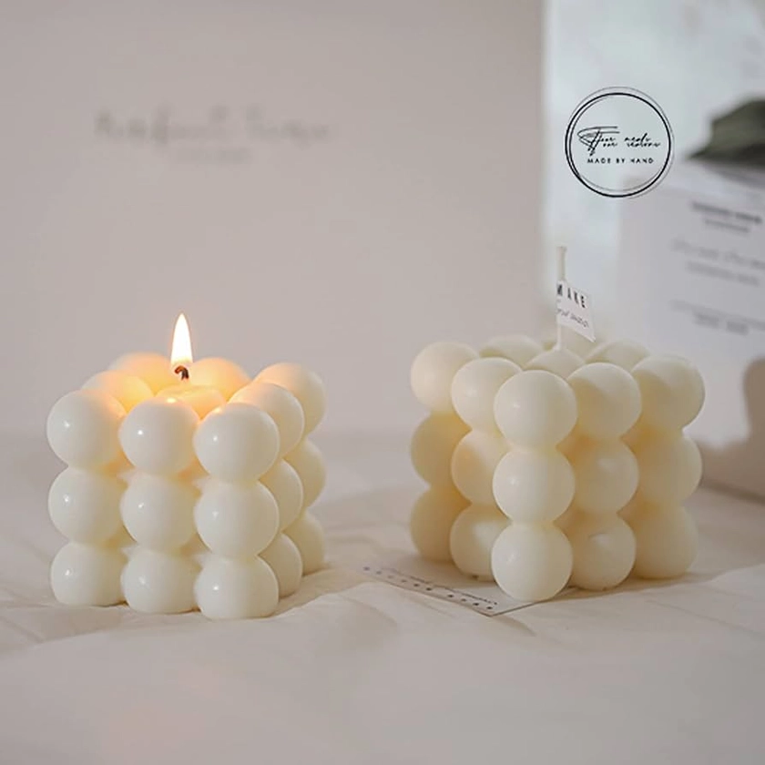 2PCS Bubble Candle White Aromatherapy Candle Shaped Candles Handmade Cube Candle Vanilla Scented Candle Trendy Room Decor Soy Candles Fun Candles for Girls Room Decor Aesthetic (Beige)