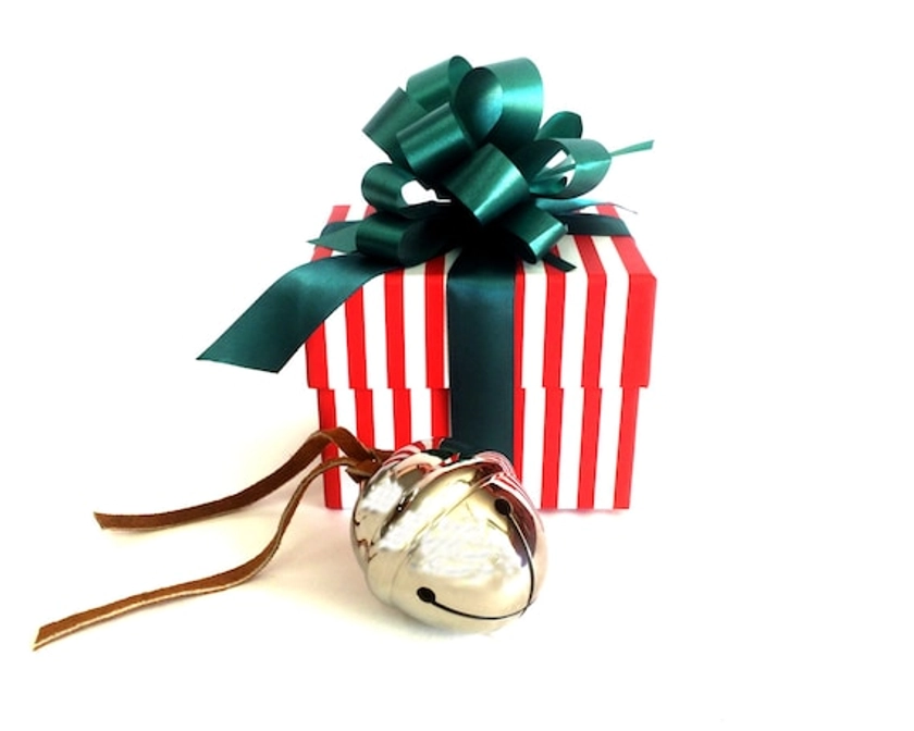 Polar Express sleigh bell with harness strap, box, bow, and ribbon