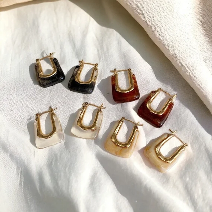 Transparent Resin Hoop Earrings, Geometric Irregular Metal Acrylic Earrings, Gold Chunky U Hoop Earrings, Geometric Daily Earrings, Gift For