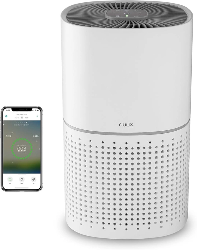 Duux Bright Purificateur d'air avec pré-filtre triple protection, H13 et filtre à charbon actif, HEPA, pour les pièces jusqu'à 27m², idéal pour la poussière, la fumée et les odeurs d'animaux (Blanc)