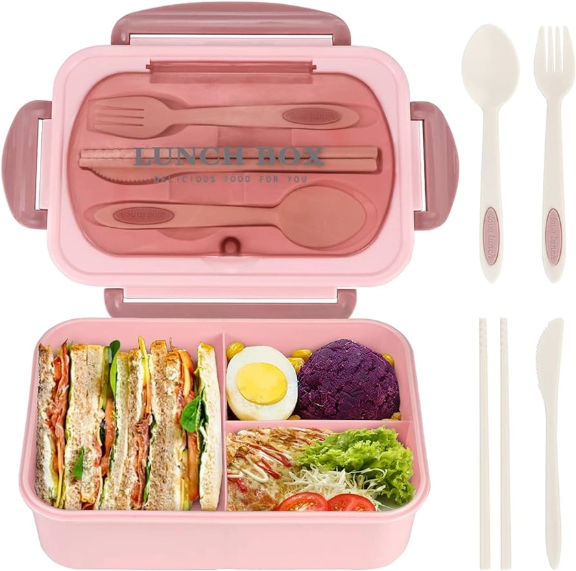 NatraProw Bento Box for Adult, 1200 ML Lunch Containers for Adults, LeakProof Lunch Box with Utensils, BPA Free, 3 Compartment Bento Box Microwave Safe, Pink