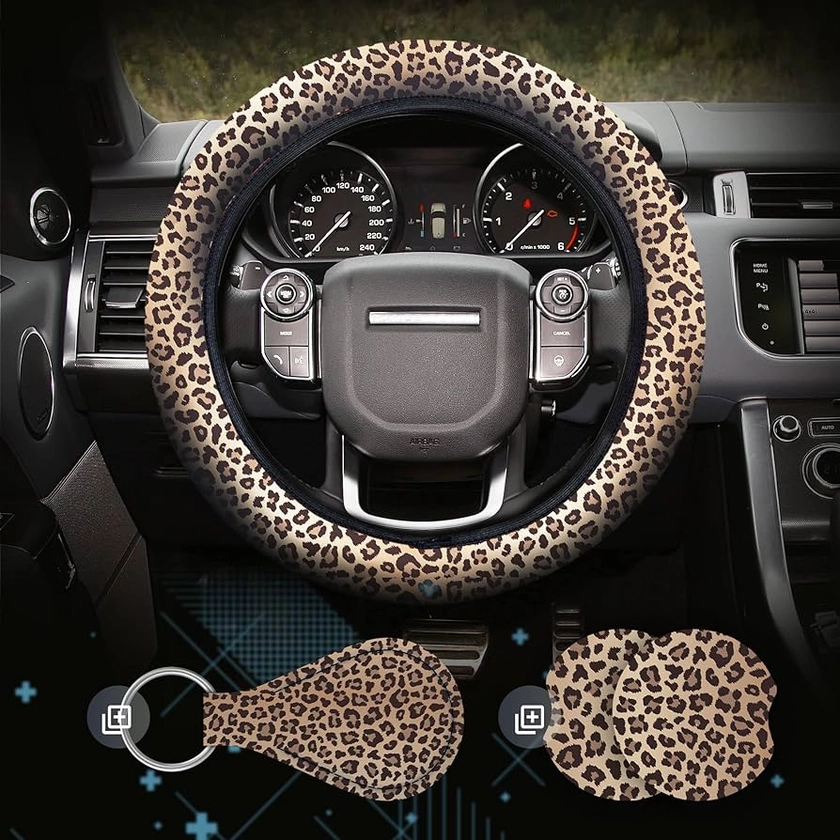 Amazon.com: 4 Pieces Leopard Cheetah Print Steering Wheel Cover Set with Car Cup Holder & Quarter Keyring, Universal Fit 14-15.5 inches, Leopard Cheetah Print Car Accessories Set : Automotive