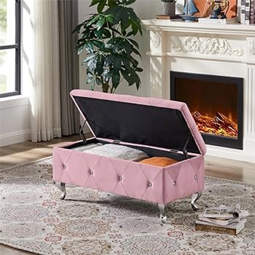 Canditree Storage Ottoman Bench, Velvet Storage Bench Upholstered End of Bed Padded Bench for Entryway Living Room Bedroom (Pink)