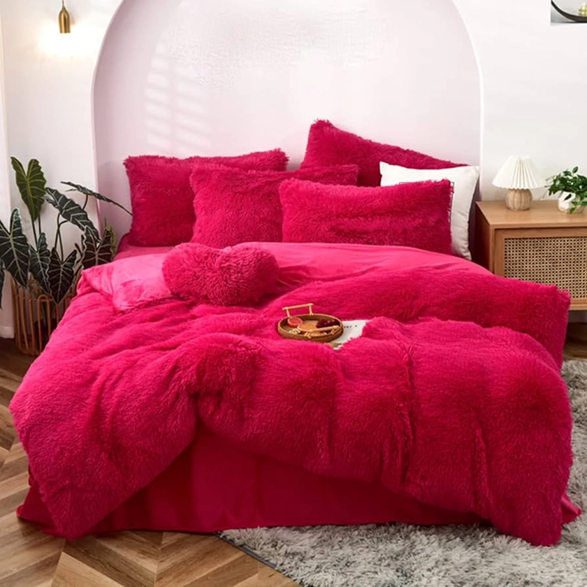 Amazon.com: MorroMorn 5 PCS Shaggy Duvet Cover Bedding Set - Fluffy Comforter Cover Long Faux Fur Luxury Ultra Soft Cozy (Hot Pink, Full/Queen) : Home & Kitchen