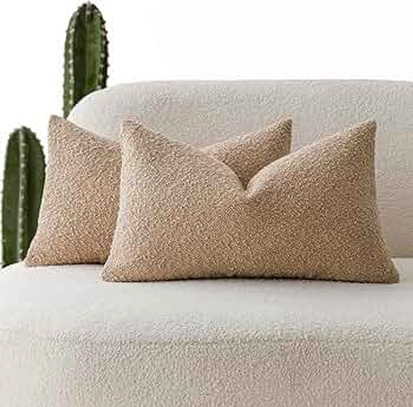Foindtower Pack of 2 Textured Boucle Throw Pillow Covers Accent Solid Lumbar Pillow Cases Cozy Soft Decorative Couch Cushion Case for Chair Sofa Bedroom Living Room Home Decor, 12 x 20 Inch,Camel