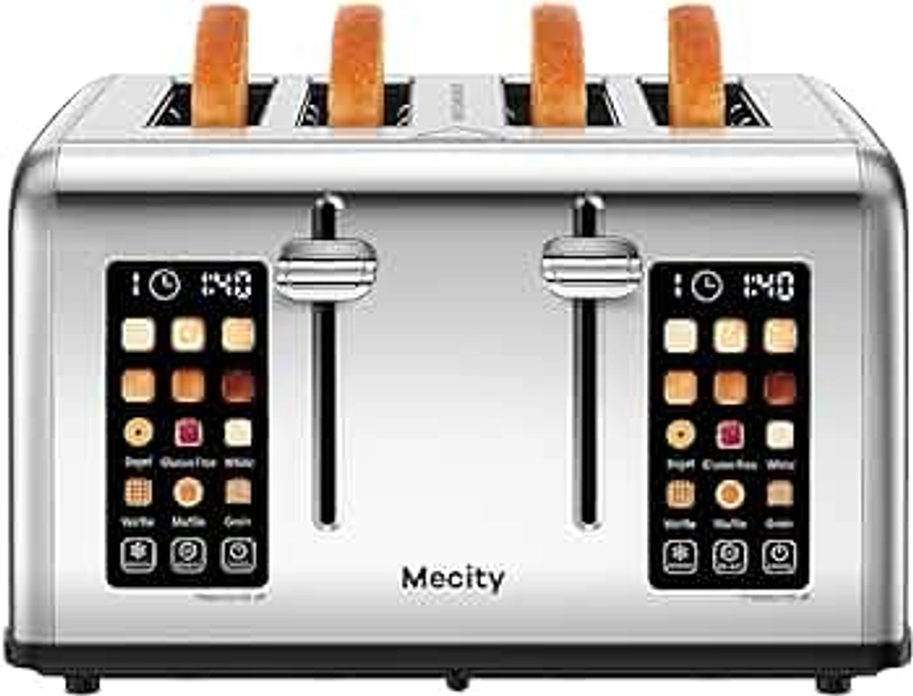 Mecity 4 Slice Toaster Touch Screen Control 4 Wide Slot, Stainless Steel Smart Bread Toaster for Bagel Muffin Waffle, Dual Control Pannel, Timer, Defrost, Reheat, 120V 1650W