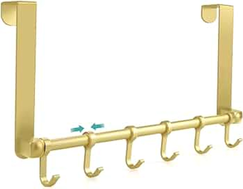 MGahyi Over The Door Hooks Hanger, Moving 6-Hooks,Over Door Towel Rack,Door Coat Hanger, Upgraded Long Arms for Bathroom Accessories (Gold)