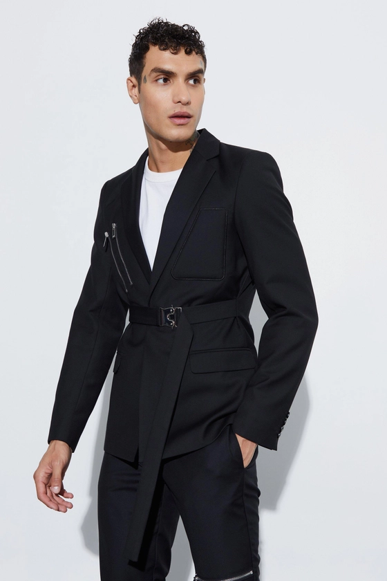 Skinny Fit Single Breasted Wrap Belt Blazer | boohooMAN