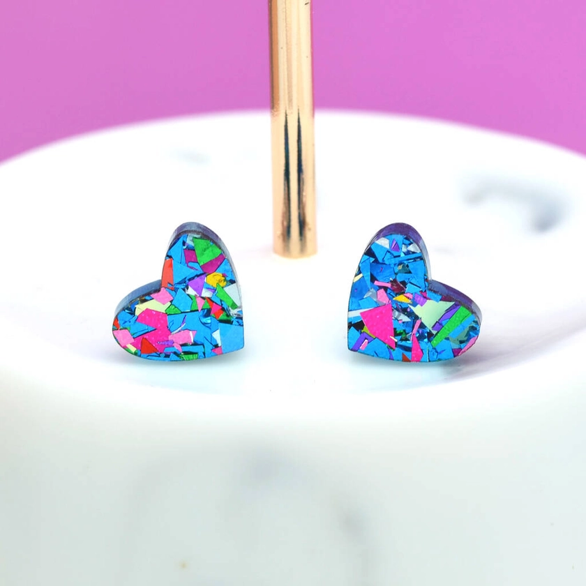 Blue Festival Confetti Love Heart Earrings Studs