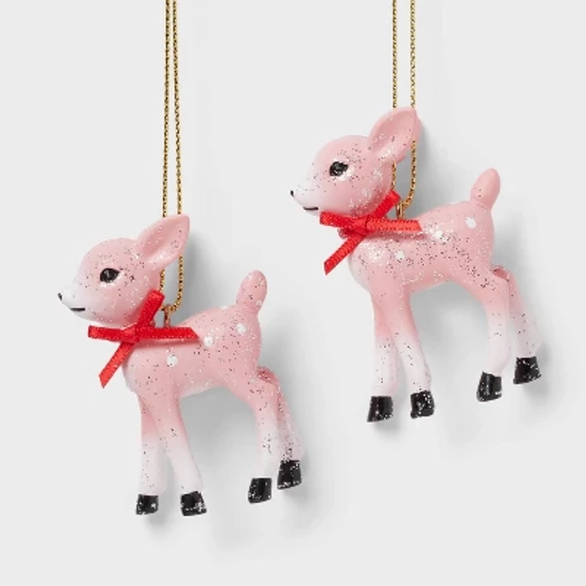 2ct Retro Small Deer Christmas Tree Ornament Set Pink - Wondershop™: Glitter Finish, Indoor Use