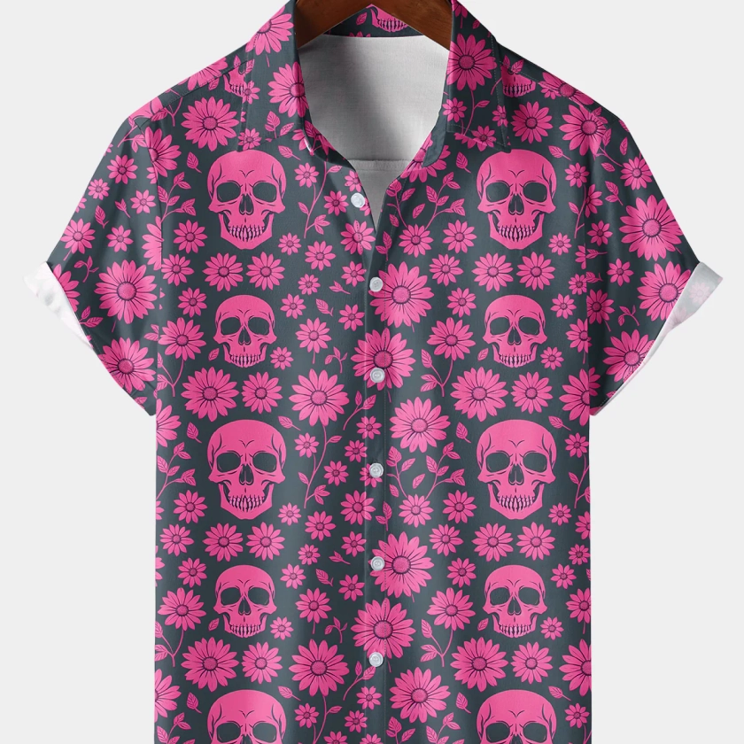 Men's Summer Pink Skull Floral Daisy Print Button Up Holiday Short Sle