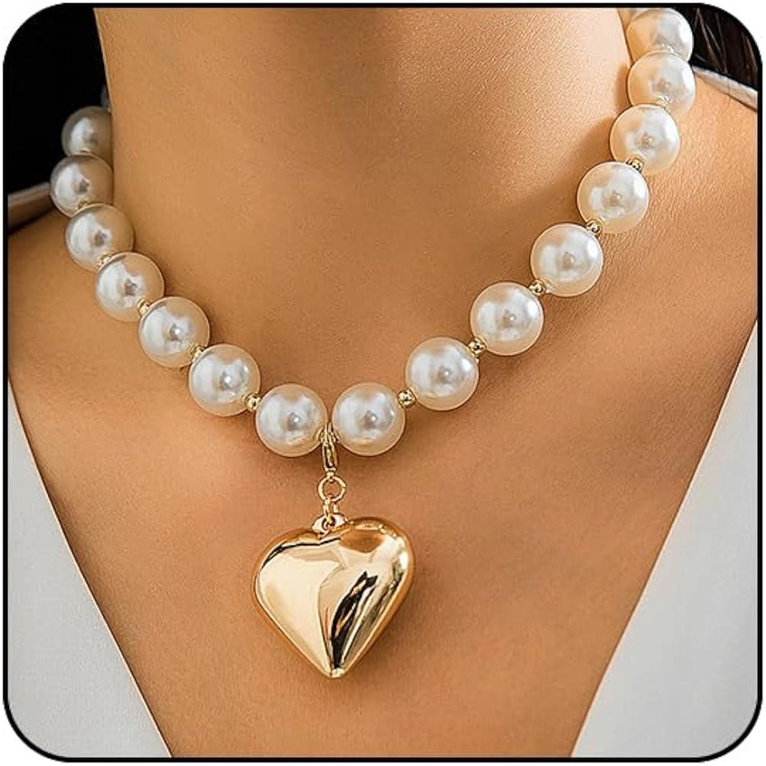 Chunky Heart Necklace Cute Pearl Heart Necklace for Women Gold Beaded Necklace Trendy Jewelry Y2k Heart Pendant Necklace Accessories Girls Gifts