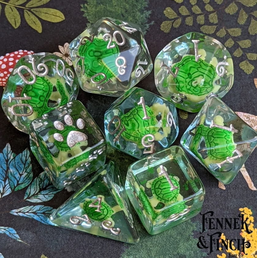 Turtle Dice Set, TTRPG, D&D dice, Dungeons and Dragons Dice Set, Table Top Role Playing. Little Turtles on Water Resin Dice Set. Turtle Dice