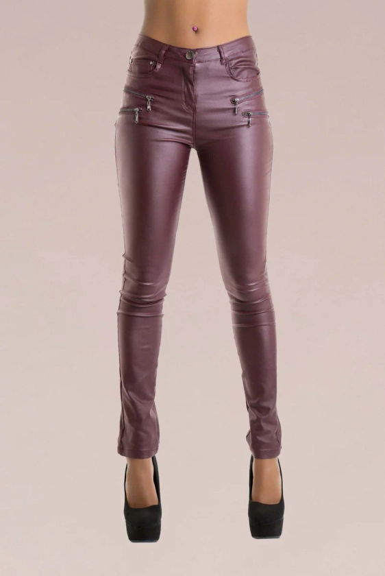 Burgundy Leather Look Trousers With 4 Zips